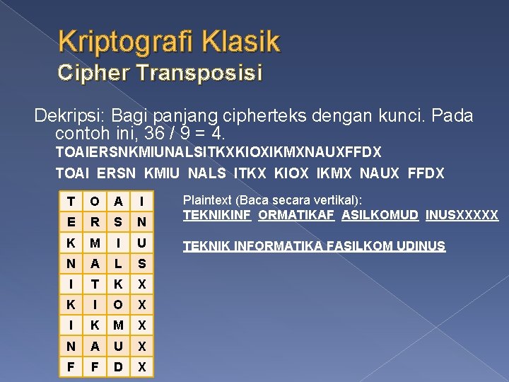 Kriptografi Klasik Cipher Transposisi Dekripsi: Bagi panjang cipherteks dengan kunci. Pada contoh ini, 36