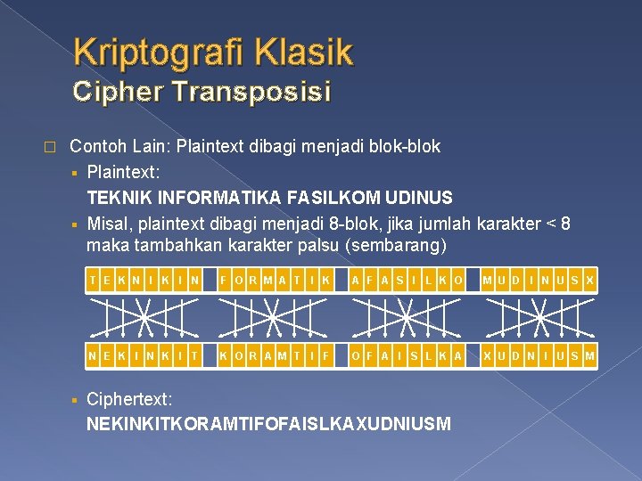 Kriptografi Klasik Cipher Transposisi � Contoh Lain: Plaintext dibagi menjadi blok-blok § Plaintext: TEKNIK
