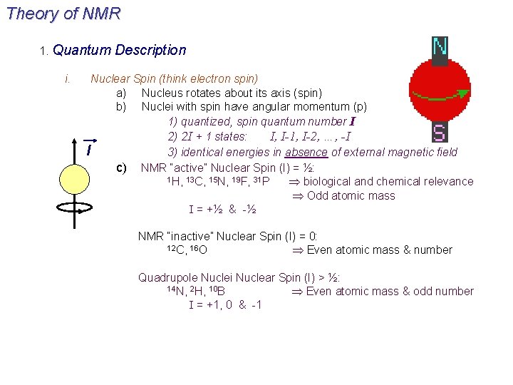 Theory of NMR 1. Quantum i. Description Nuclear Spin (think electron spin) a) Nucleus