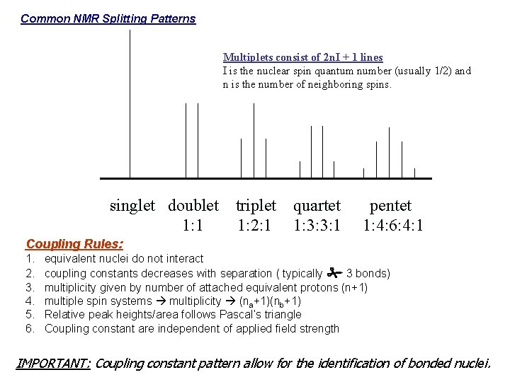 Common NMR Splitting Patterns Multiplets consist of 2 n. I + 1 lines I