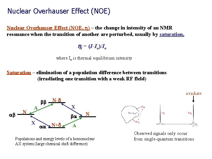 Nuclear Overhauser Effect (NOE) Nuclear Overhauser Effect (NOE, h) – the change in intensity