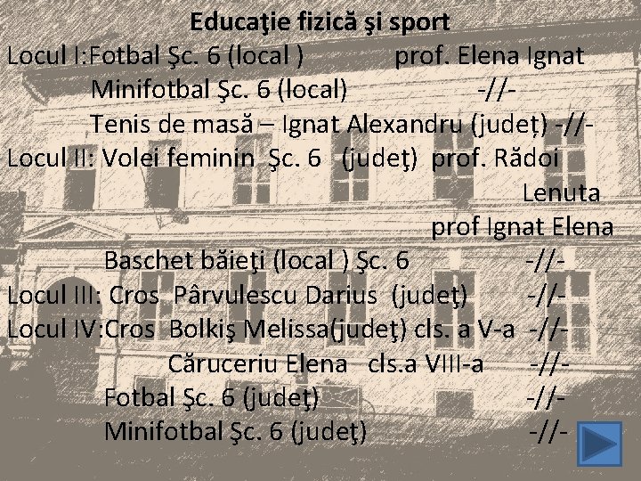 Educaţie fizică şi sport Locul I: Fotbal Şc. 6 (local ) prof. Elena Ignat
