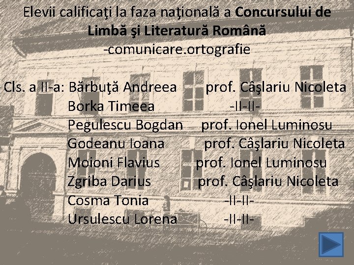 Elevii calificaţi la faza naţională a Concursului de Limbă şi Literatură Română -comunicare. ortografie