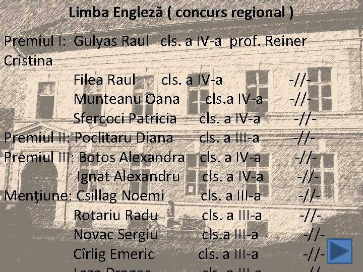 Limba Engleză ( concurs regional ) Premiul I: Gulyas Raul cls. a IV-a prof.