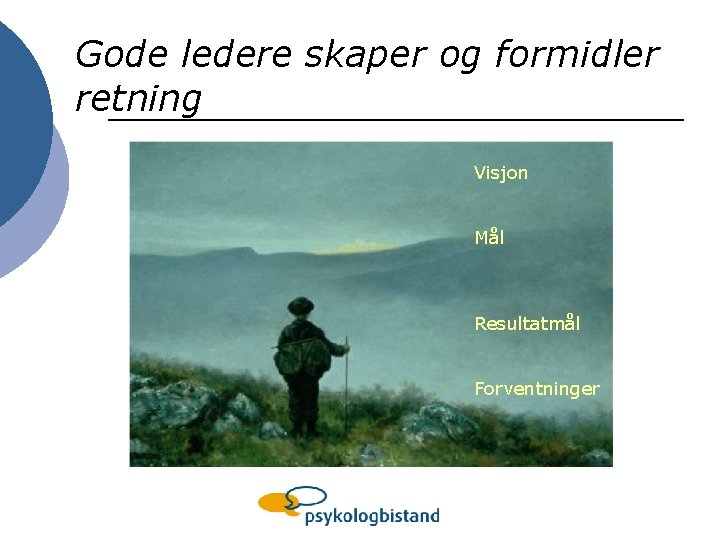 Gode ledere skaper og formidler retning Visjon Mål Resultatmål Forventninger 