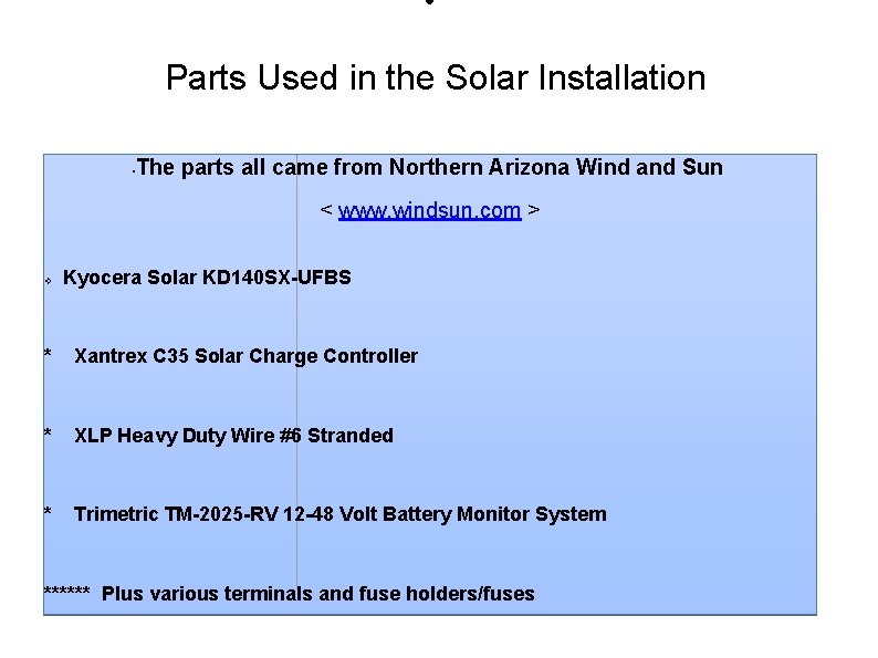 ● Parts Used in the Solar Installation • The parts all came from Northern