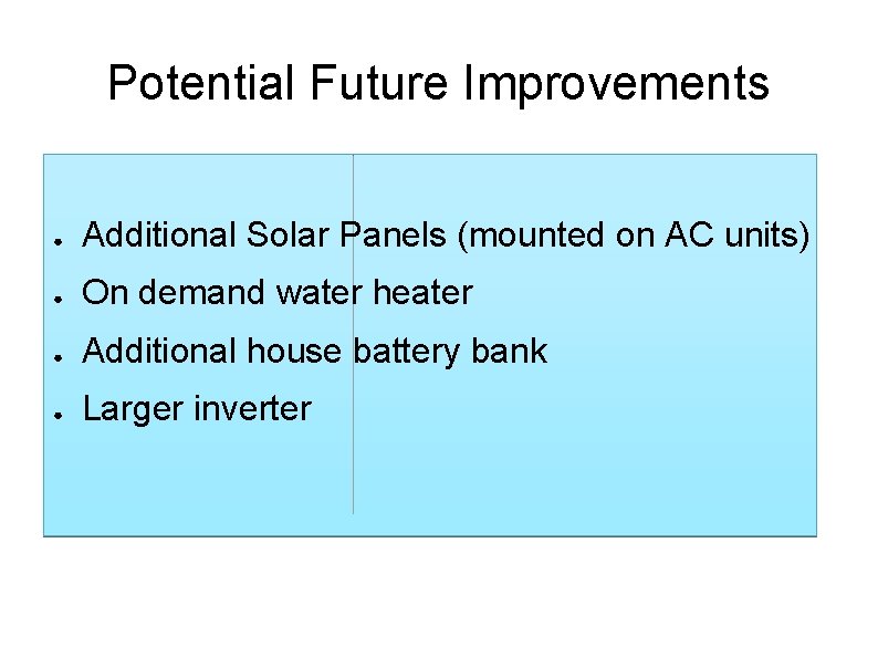 Potential Future Improvements ● Additional Solar Panels (mounted on AC units) ● On demand