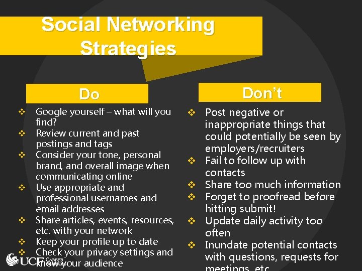 Social Networking Strategies Do v v v v Google yourself – what will you