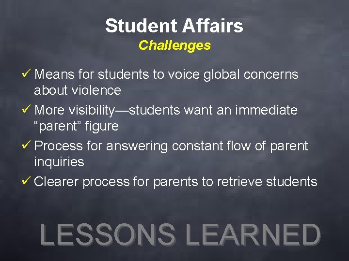 Student Affairs Challenges ü Means for students to voice global concerns about violence ü