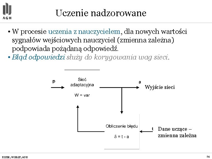 Uczenie nadzorowane • W procesie uczenia z nauczycielem, dla nowych wartości sygnałów wejściowych nauczyciel