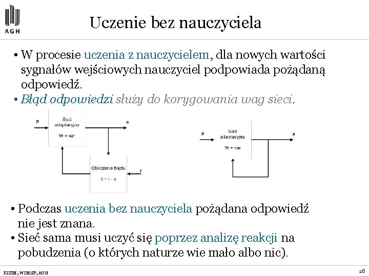 Uczenie bez nauczyciela • W procesie uczenia z nauczycielem, dla nowych wartości sygnałów wejściowych