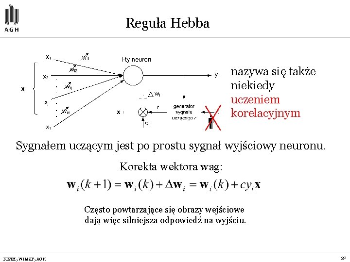 Reguła Hebba nazywa się także niekiedy uczeniem korelacyjnym Sygnałem uczącym jest po prostu sygnał