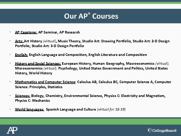 Our AP® Courses • AP Capstone: AP Seminar, AP Research • Arts: Art History