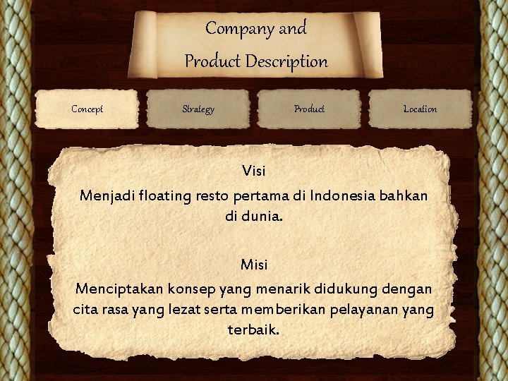 Company and Product Description Concept Strategy Product Location Visi Menjadi floating resto pertama di