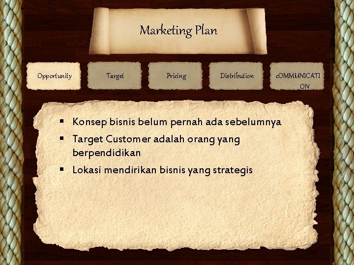 Marketing Plan Opportunity Target Pricing Distribution c. OMMUNICATI ON § Konsep bisnis belum pernah