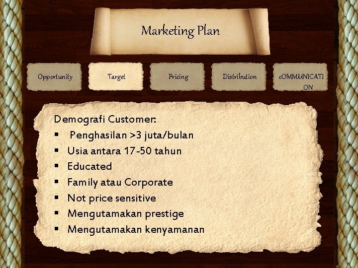 Marketing Plan Opportunity Target Pricing Demografi Customer: § Penghasilan >3 juta/bulan § Usia antara