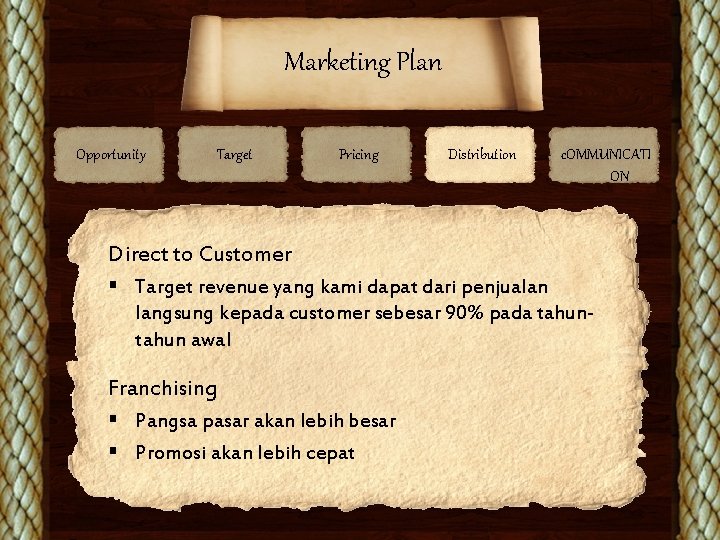 Marketing Plan Opportunity Target Pricing Distribution c. OMMUNICATI ON Direct to Customer § Target