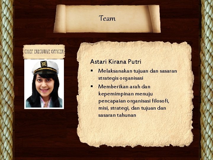 Team Astari Kirana Putri § Melaksanakan tujuan dan sasaran strategis organisasi § Memberikan arah