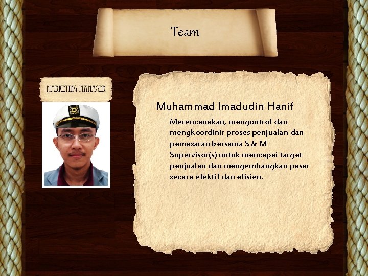 Team Muhammad Imadudin Hanif Merencanakan, mengontrol dan mengkoordinir proses penjualan dan pemasaran bersama S