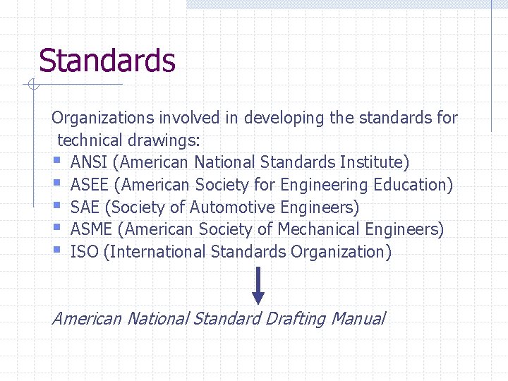 Standards Organizations involved in developing the standards for technical drawings: § ANSI (American National