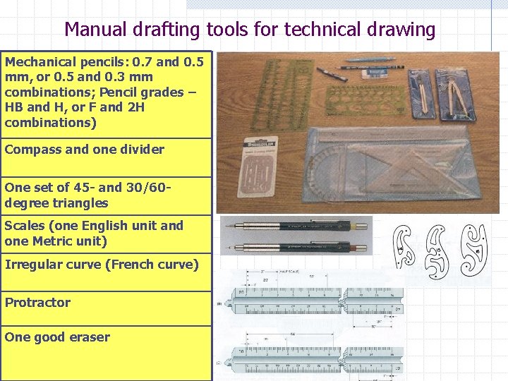 Manual drafting tools for technical drawing Mechanical pencils: 0. 7 and 0. 5 mm,