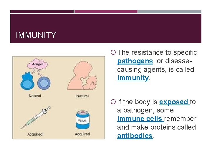 IMMUNITY The resistance to specific pathogens, or diseasecausing agents, is called immunity. If the