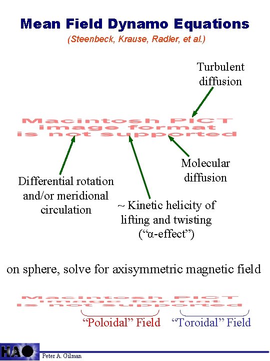 Mean Field Dynamo Equations (Steenbeck, Krause, Radler, et al. ) Turbulent diffusion Molecular diffusion