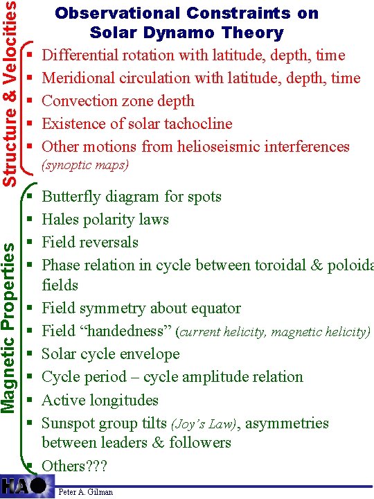 Structure & Velocities Magnetic Properties § § § Observational Constraints on Solar Dynamo Theory