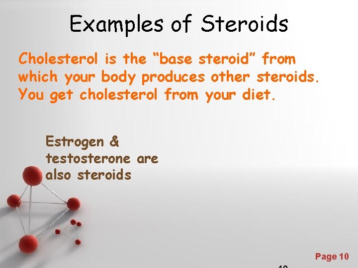 Examples of Steroids Cholesterol is the “base steroid” from which your body produces other