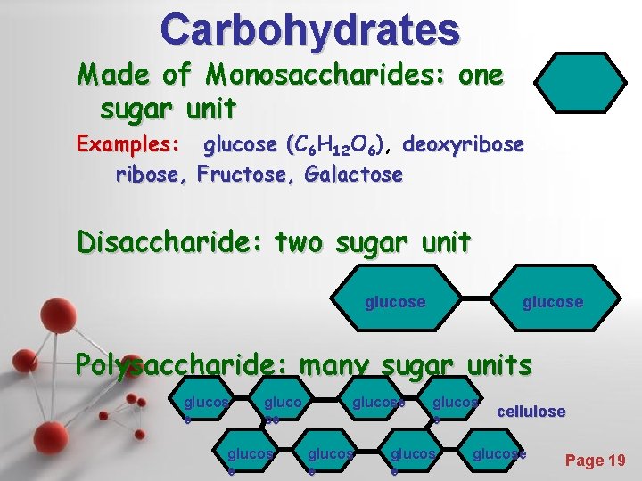 Carbohydrates Made of Monosaccharides: one sugar unit Examples: glucose (C ( 6 H 12