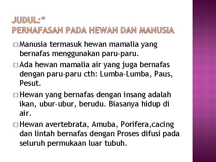 � Manusia termasuk hewan mamalia yang bernafas menggunakan paru-paru. � Ada hewan mamalia air