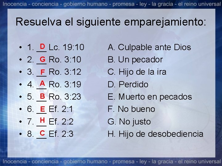 Resuelva el siguiente emparejamiento: • • D Lc. 19: 10 1. __ G Ro.