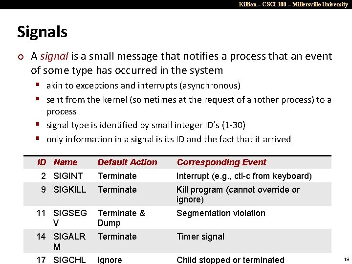 Killian – CSCI 380 – Millersville University Signals ¢ A signal is a small