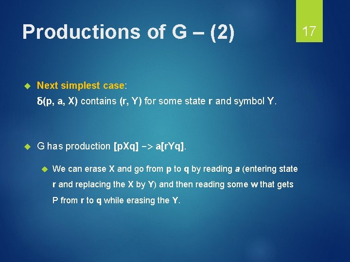 Productions of G – (2) Next simplest case: δ(p, a, X) contains (r, Y)