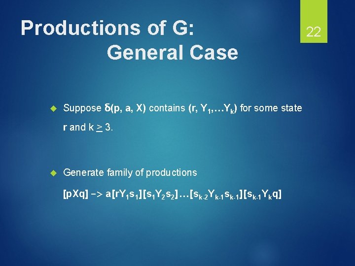 Productions of G: General Case Suppose δ(p, a, X) contains (r, Y 1, …Yk)