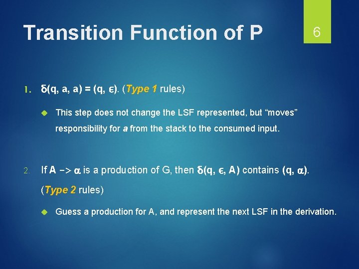 Transition Function of P 1. 6 δ(q, a, a) = (q, ε). (Type 1