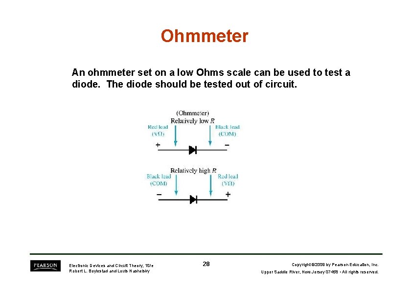 Ohmmeter An ohmmeter set on a low Ohms scale can be used to test