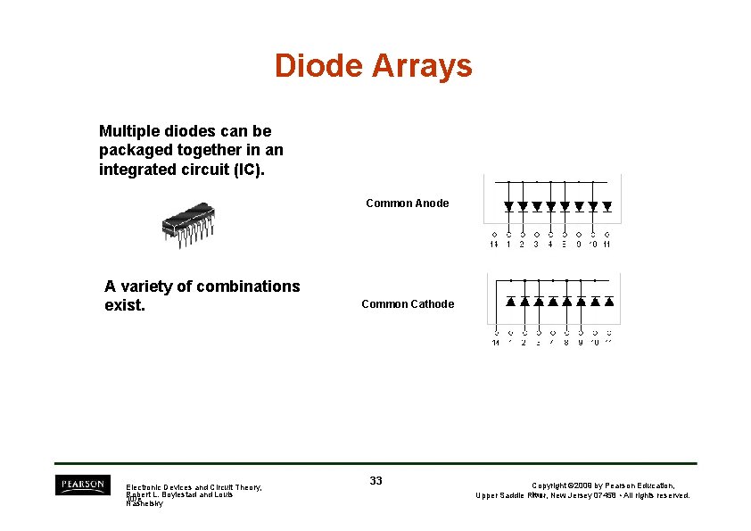 Diode Arrays Multiple diodes can be packaged together in an integrated circuit (IC). Common