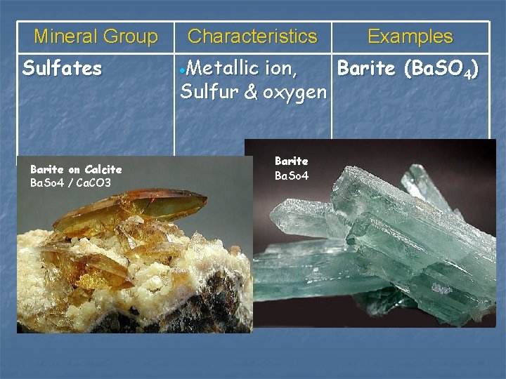 Mineral Group Sulfates Barite on Calcite Ba. So 4 / Ca. CO 3 Characteristics