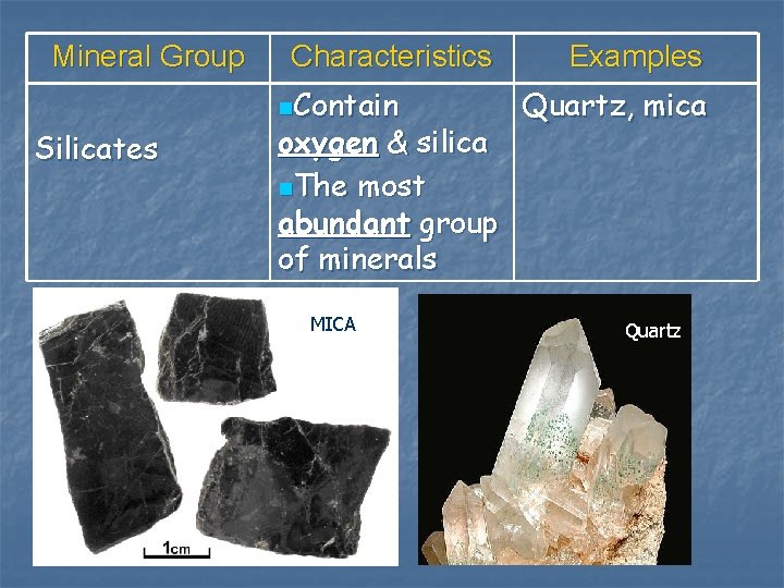 Mineral Group Silicates Characteristics n. Contain oxygen & silica n. The most abundant group