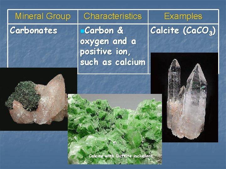 Mineral Group Carbonates Characteristics n. Carbon Examples & Calcite (Ca. CO 3) oxygen and