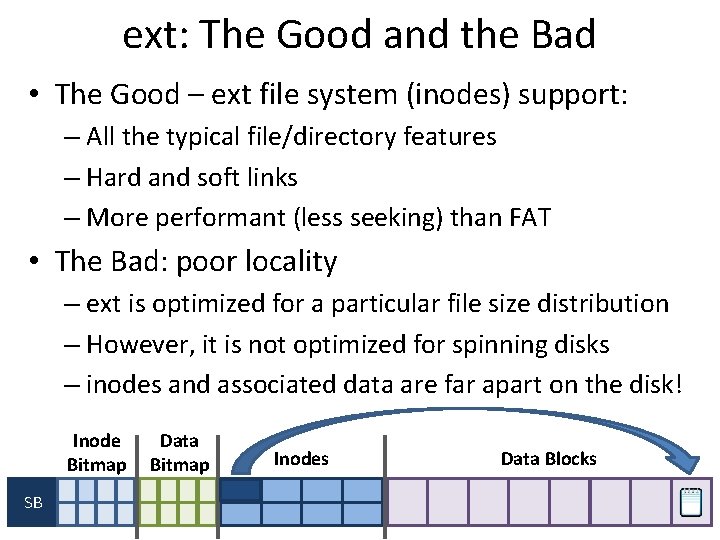 ext: The Good and the Bad • The Good – ext file system (inodes)