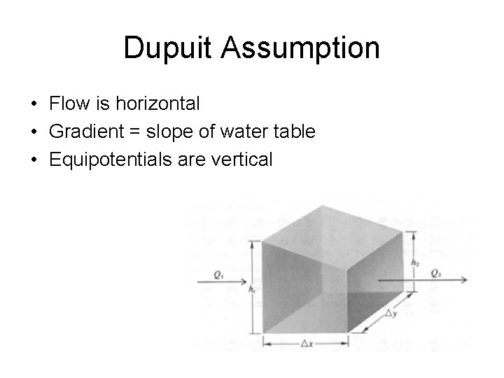 Dupuit Assumption • Flow is horizontal • Gradient = slope of water table •