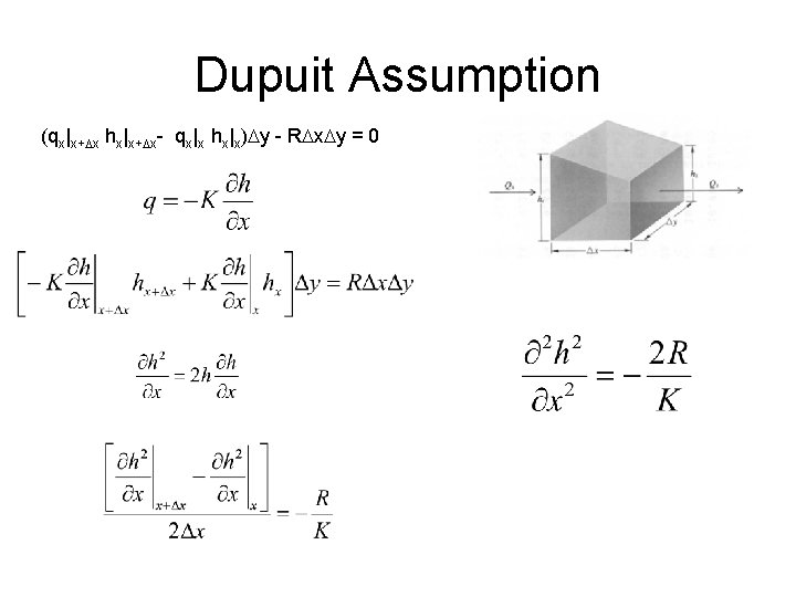 Dupuit Assumption (qx|x+Dx hx|x+Dx- qx|x hx|x)Dy - RDx. Dy = 0 