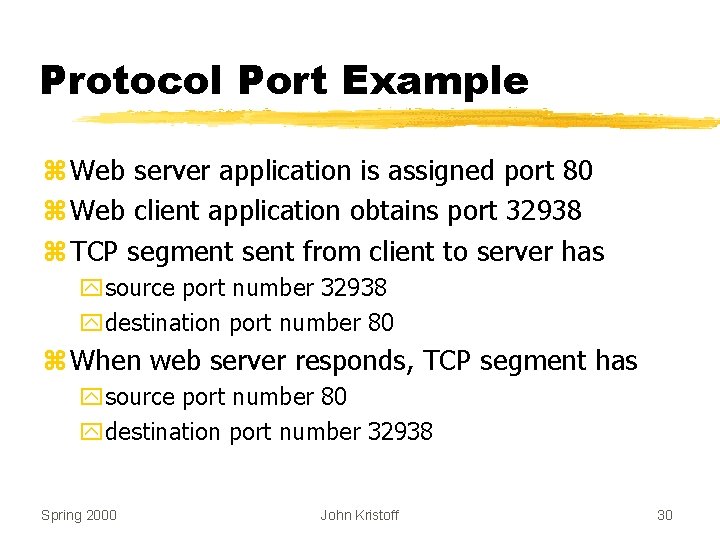 Protocol Port Example z Web server application is assigned port 80 z Web client