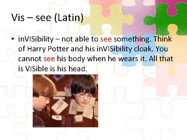 Vis – see (Latin) • in. VISibility – not able to see something. Think