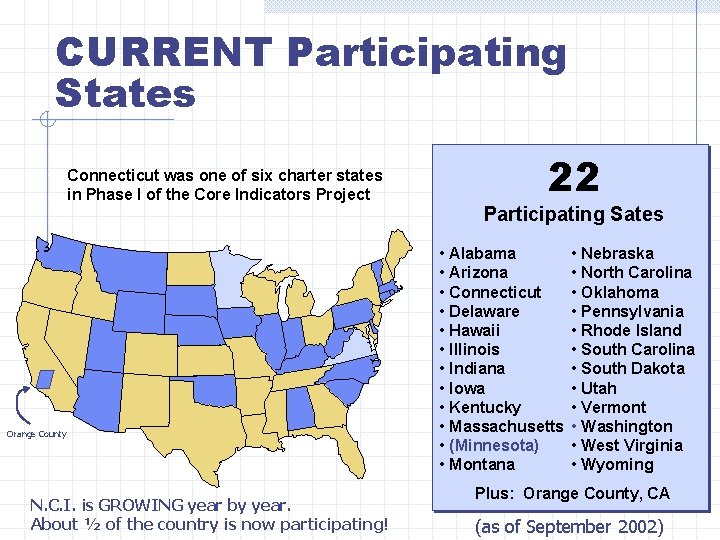 CURRENT Participating States Connecticut was one of six charter states in Phase I of