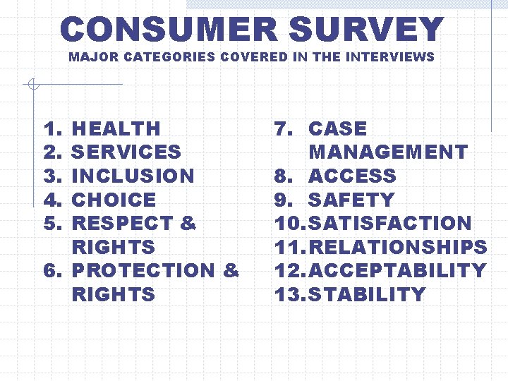 CONSUMER SURVEY MAJOR CATEGORIES COVERED IN THE INTERVIEWS 1. 2. 3. 4. 5. HEALTH