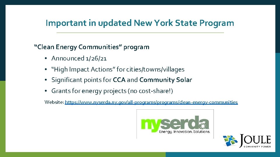 Important in updated New York State Program “Clean Energy Communities” program • Announced 1/26/21