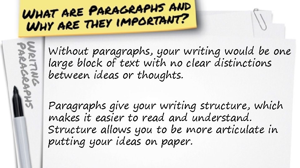 Without paragraphs, your writing would be one large block of text with no clear Without paragraphs, your writing would be one large block of text with no clear